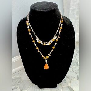 Vtg Avon Multi Strand Necklace Pearls Faux Amber Nephrite Jadeite Teardrop Boho